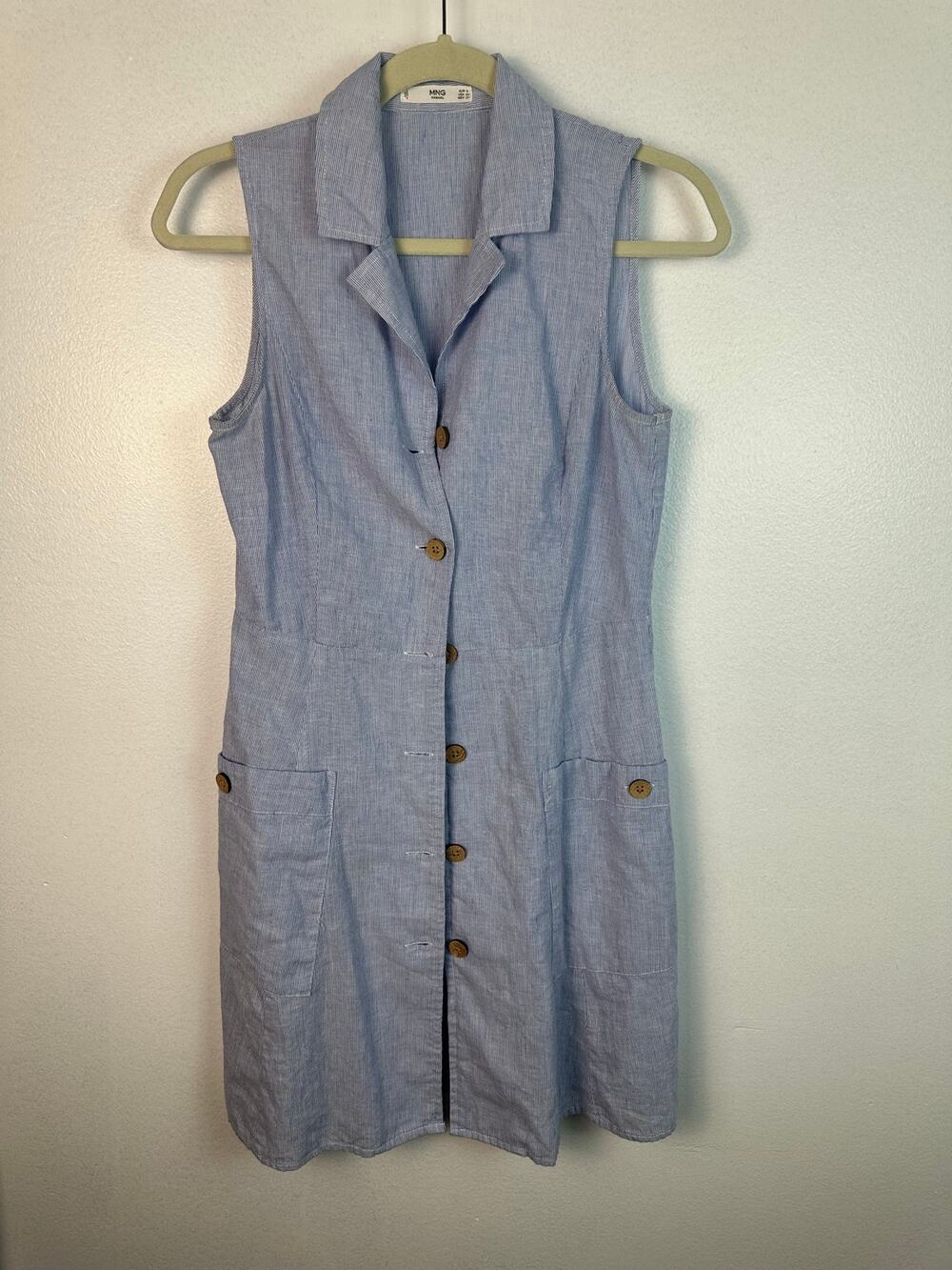 Mango Women's sleeveless cotton linen sailor dress blue pinstripe XSmall